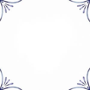 Pode incluir: Um fundo branco com uma borda floral azul. A borda é composta por quatro cantos com um design floral simples.