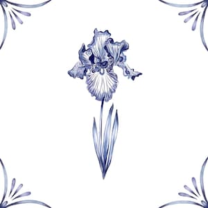 May include: A blue and white watercolour illustration of an iris flower with a simple, elegant design.
