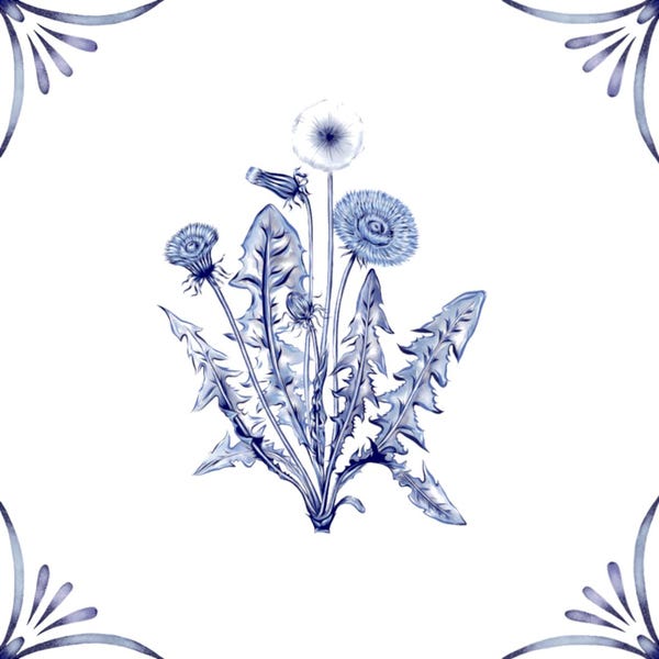 Delft Blue Ceramic Tile- Dandelion︱Bathroom Tile, Splashback, Kitchen Tiles, Modern Dutch Style
