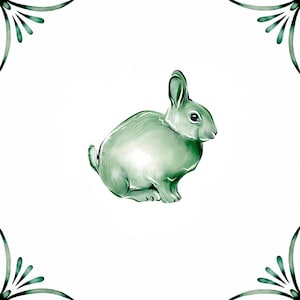 May include: A green watercolor illustration of a rabbit sitting on a white background.