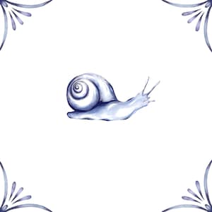 May include: A blue and white watercolour illustration of a snail with a spiral shell. The snail is on a white background.