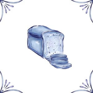 Puede incluir: Ilustración en acuarela de una hogaza de pan azul con tres rebanadas cortadas. El pan es de color azul claro con sombras y motas azul oscuro. El fondo es blanco con diseños florales azules en las esquinas.