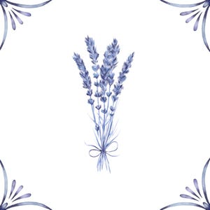 Puede incluir: Una ilustración de acuarela de un ramo de flores de lavanda atadas con una cinta. Las flores son de color morado claro y el fondo es blanco.
