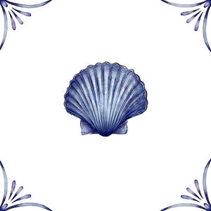 May include: A watercolor illustration of a blue seashell on a white background. The shell is detailed with textured lines and is surrounded by decorative blue corner accents, creating a coastal or nautical theme.