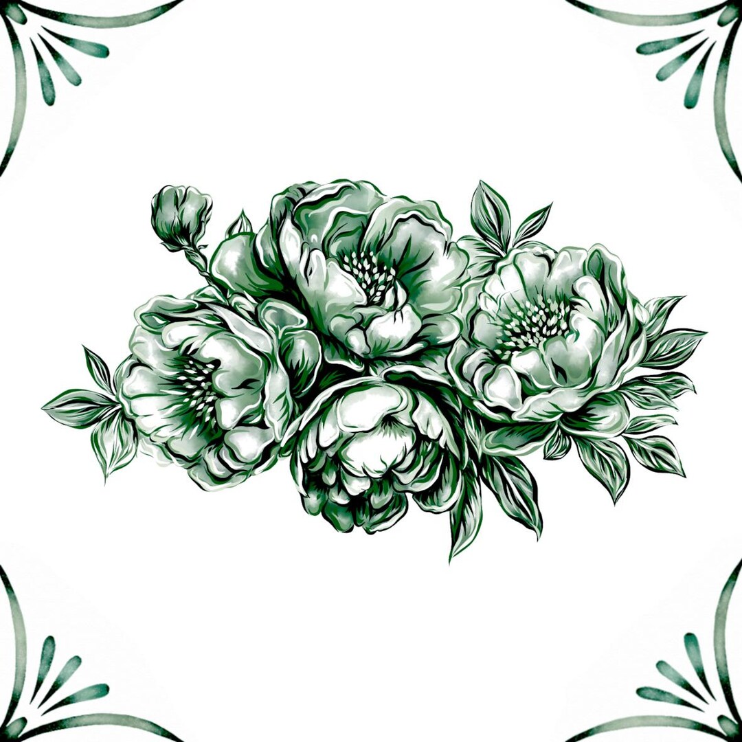 Delft Green Ceramic Tile- Peony Cluster︱bathroom Tile, Splashback ...