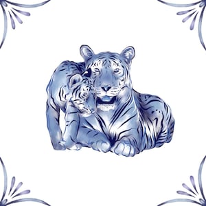 May include: A blue and white watercolour illustration of a mother tiger and her cub. The mother tiger is lying down with her head turned to look at the viewer. The cub is nestled against her side, looking up at the mother.