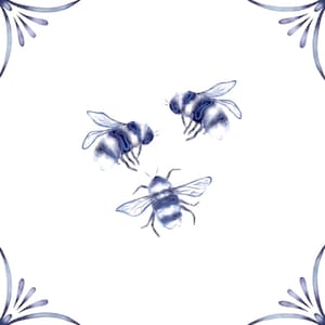 May include: Three blue and white watercolor bees on a white background. The bees are in different positions, with one flying and two resting.