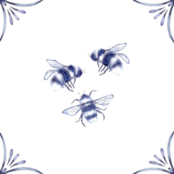 Delft Blue Ceramic Tile- Bees︱Bathroom Tile, Splashback, Kitchen Tiles, Modern Dutch Style