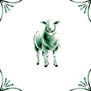 May include: A white sheep with a green watercolor outline stands on a white background. The sheep is facing forward with its head slightly tilted down. The sheep has a fluffy coat and a small tail.