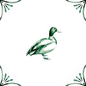 May include: A green and white watercolor illustration of a duck on a white background. The duck is facing right and has a green head and neck.
