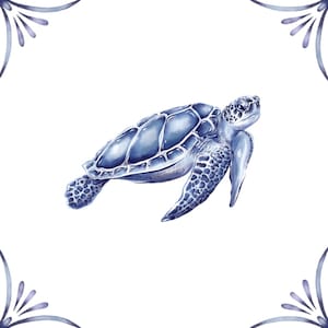 May include: A blue watercolor illustration of a sea turtle swimming in a white background. The turtle has a detailed shell and flippers.