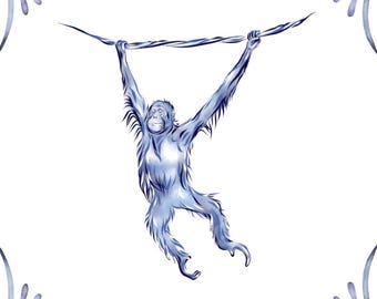Delft Blue Ceramic Tile- Orangutan︱Bathroom Tile, Splashback, Kitchen Tiles, Modern Dutch Style