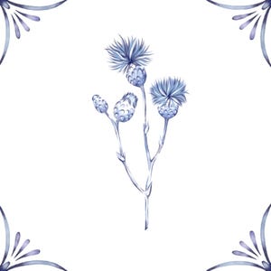 Delft Blue Ceramic Tile- Thistle︱Bathroom Tile, Splashback, Kitchen Tiles, Modern Dutch Style