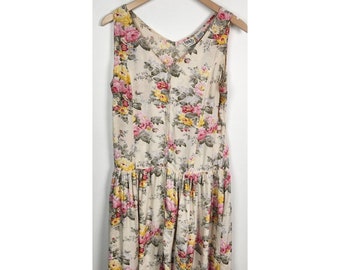 Vtg. Erika Women's Sz. M Floral Button Up Drop Waist Tank Midi Shirt Dress