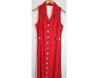 Vtg. Ultra Dress New York Women's Sz. 14 Red Button Up Linen Blend Midi Dress