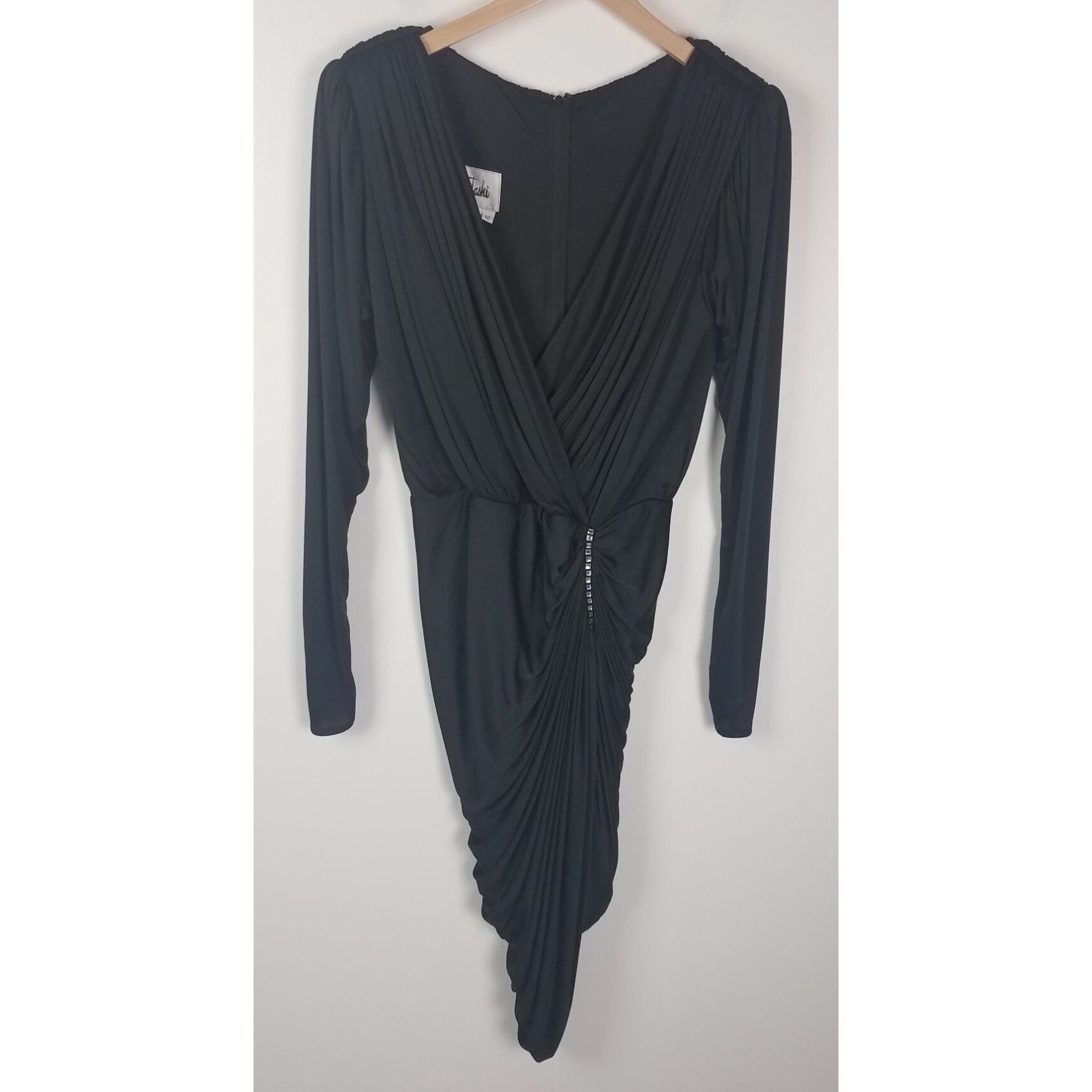 tadashi⭐︎ Vtg. Tadashi Sz. 12 Black Draped Embellished Asymmetrical Deep V