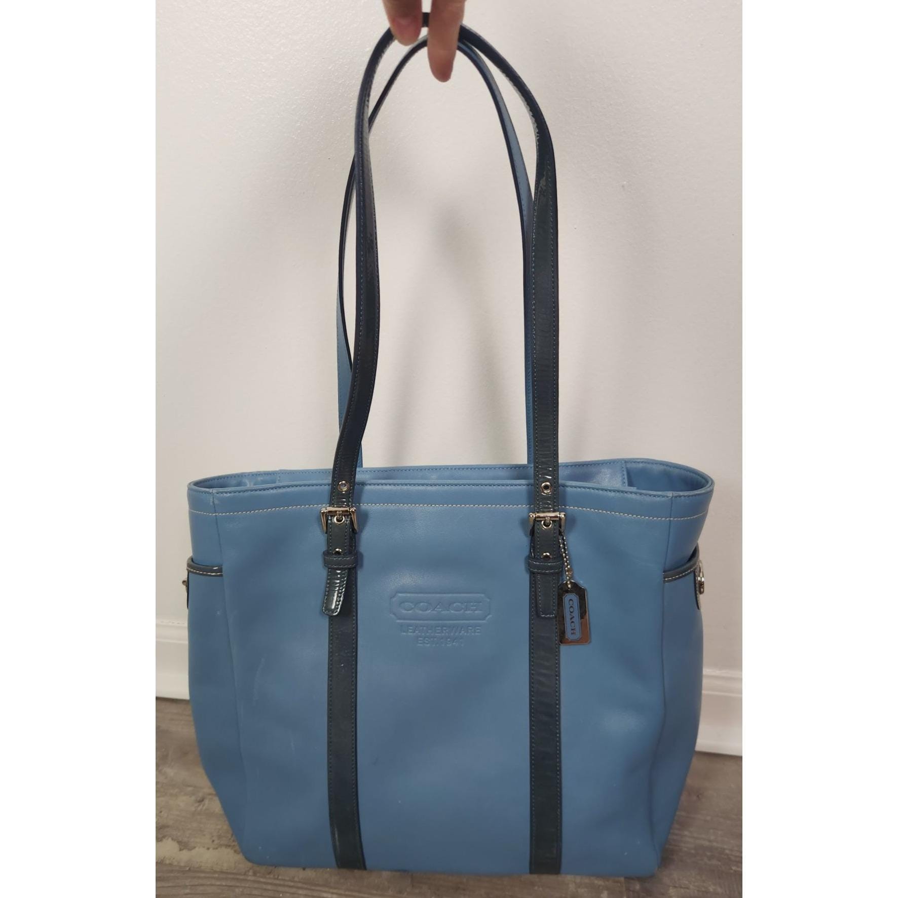Vintage Coach 5787 Blue/teal Patent Leather Trim Gallery Tote Bag