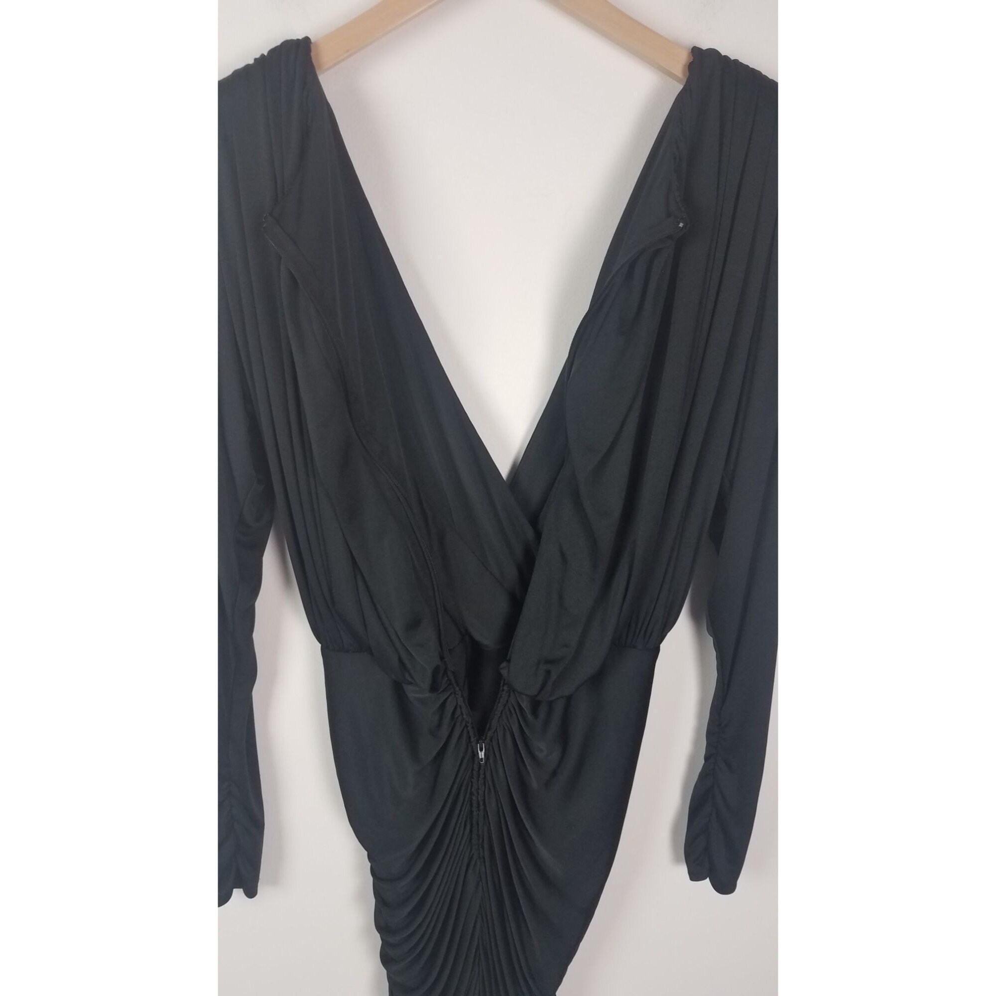 Vtg. Tadashi Sz. 12 Black Draped Embellished Asymmetrical Deep V