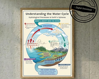 Water Cycle Educational Poster, Hydrological Processes STEM Art, Classroom Science Printable, Earth Science Infographic, Digital Download