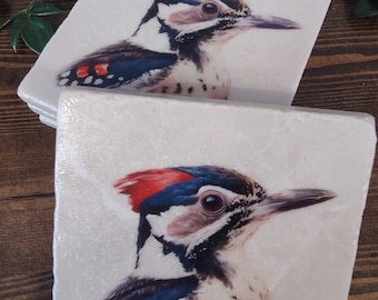 Woodpecker Rustic Marble Coasters,   Woodpecker Set of Coasters, British Bird Coasters, Coffee Table Mats, Woodpecker Art Gift, Drinks Mats