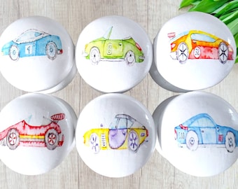 Watercolor Sports Car Wooden Drawer Knobs - Kids Bedroom Decor