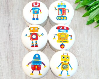 Robot Drawer Knobs, Handpainted, Furniture accessories, Furniture Drawer Knobs Handle, Robot Space Theme Decor, Wooden Knobs Boys and Girls