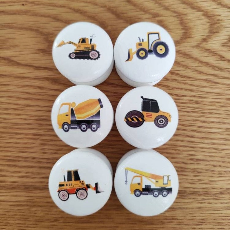 Construction Vehicles Drawer Knobs, Yellow Road Side Works Vehicles, Bedroom Décor, Road Works Vehicles, Furniture Drawer Knobs
