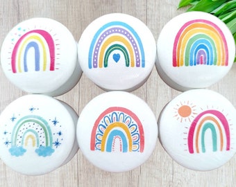 Boho Rainbow Drawer Knobs, Nursery Rainbow Decor, Girls Bedroom Rainbows Decor, Upcycled Furniture Painted Wooden Drawer Knobs