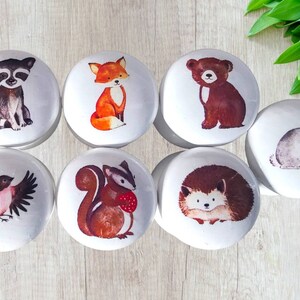 May include: Set of seven round white ceramic knobs with painted woodland animal illustrations. The animals include a raccoon, fox, bear, rabbit, squirrel, hedgehog, and a bird.