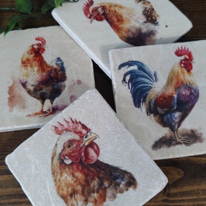 Chicken Coasters, Farmhouse Style Stone Coaster Set, Chicken Hot and Cold Drinks Mats