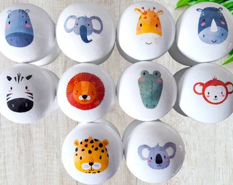 Safariladeknoppen, kinder- en kinderkamerinrichting, dierenladegrepen, dierengezichten safari, leeuw, olifant, zebraladeknop