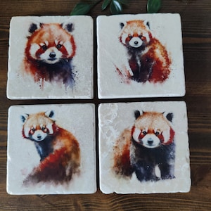 May include: Set of four square coasters featuring watercolor illustrations of red pandas. Each coaster has a different pose of the red panda, with a white background and subtle watercolor splatters.