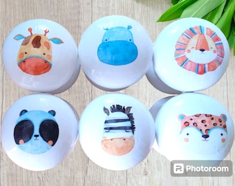 Perillas de cajón con caras de animales de safari, decoración para dormitorios infantiles y guarderías, perillas y tiradores para cajones de muebles, linda decoración con temática de safari, habitación con temática de jungla