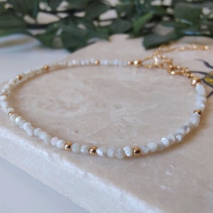 Dainty Mother Of Pearl Gemstone Bracelet, Stacking Bracelet, 14K Gold Or 925 Sterling Silver, June Birthstone Gift, MOP Beaded Bracelet