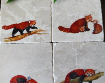 Rustic Red Panda Marble Coasters, Unique Drink Placemats