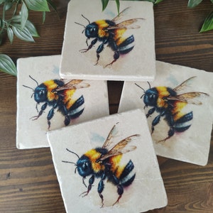 Può includere: Set di quattro sottobicchieri quadrati con un'illustrazione dettagliata di un bombo con strisce nere, gialle e bianche su sfondo bianco.