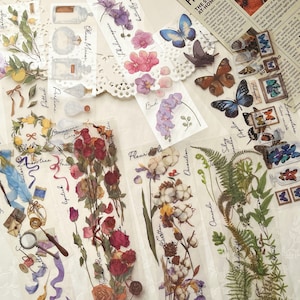 Set di adesivi con strisce trasparenti in PET, adesivi vintage, adesivi con piccoli oggetti a forma di farfalla, bottiglia, felce, pianta di cotone, scrapbooking, diario spazzatura