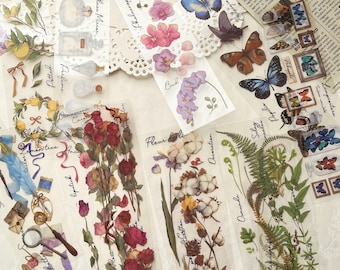 Clear PET Strips Stickers Set, Vintage Stickers, Butterfly Flower Bottle Fern Cotton Plant Small Objects Stickers, Scrapbooking Junk Journal