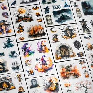 Op de afbeelding: Een verzameling Halloween-stickers in aquarel met heksen, pompoenen, vleermuizen en spookhuizen. De stickers tonen diverse griezelige illustraties in oranje, paarse en zwarte tinten, perfect voor seizoensgebonden knutselwerkjes en decoraties.