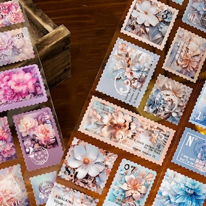 Fita com tema de carimbo floral recortado, vários padrões em vários tamanhos, fita adesiva de flores, fita de colagem, fita de scrapbooking, fita decorativa