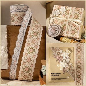 May include: A collage featuring decorative ribbons, a wrapped gift, and a greeting card. The ribbons have a floral pattern with pink and green accents. The gift is wrapped in matching paper. The card reads "Messenger of Spring."