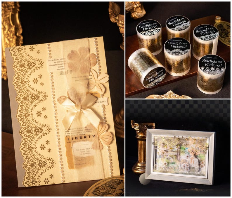 Op de afbeelding: Een collage van briefpapierartikelen. Een beige notitieboek met een kanten ontwerp en een lint, rollen gouden glittertape met de tekst "Starlight Flickered" en een ingelijste foto met een gouden pilaar.
