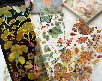 Leaf Gold Foil PET Strips Sticker Sheets Set, Leaf Stickers, Shining Clear Stickers For Scrapbooking Junk Journal Planner Mixed Media