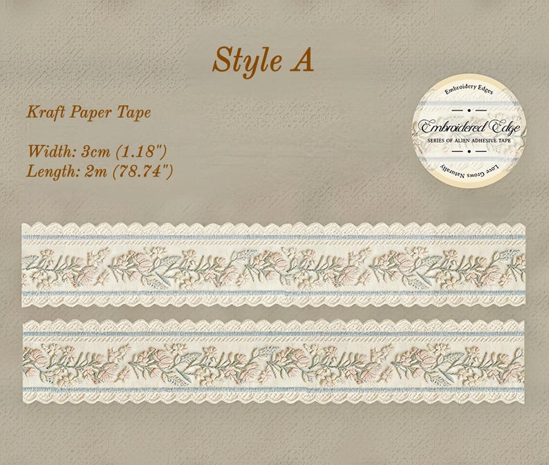 May include: Kraft paper tape, style A, with a floral embroidered design. The tape is 1.18 inches wide and 78.74 inches long. The tape has a scalloped edge and a light blue stripe.