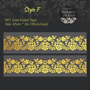 Goud verijdelde PET-tape met kant voor scrapbooking, journaling, doe-het-zelf, vintage bloemen doorzichtige randtape, versieringen van tijdschriftenbenodigdheden F