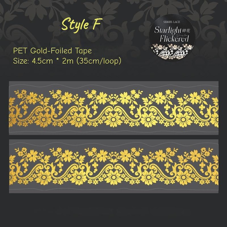 Goud verijdelde PET-tape met kant voor scrapbooking, journaling, doe-het-zelf, vintage bloemen doorzichtige randtape, versieringen van tijdschriftenbenodigdheden F