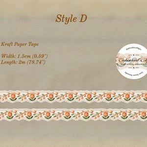 May include: Kraft paper tape with a floral design featuring orange tulips and green leaves. The tape is 0.59 inches wide and 78.74 inches long. The text "Style D" is visible, along with a circular logo.