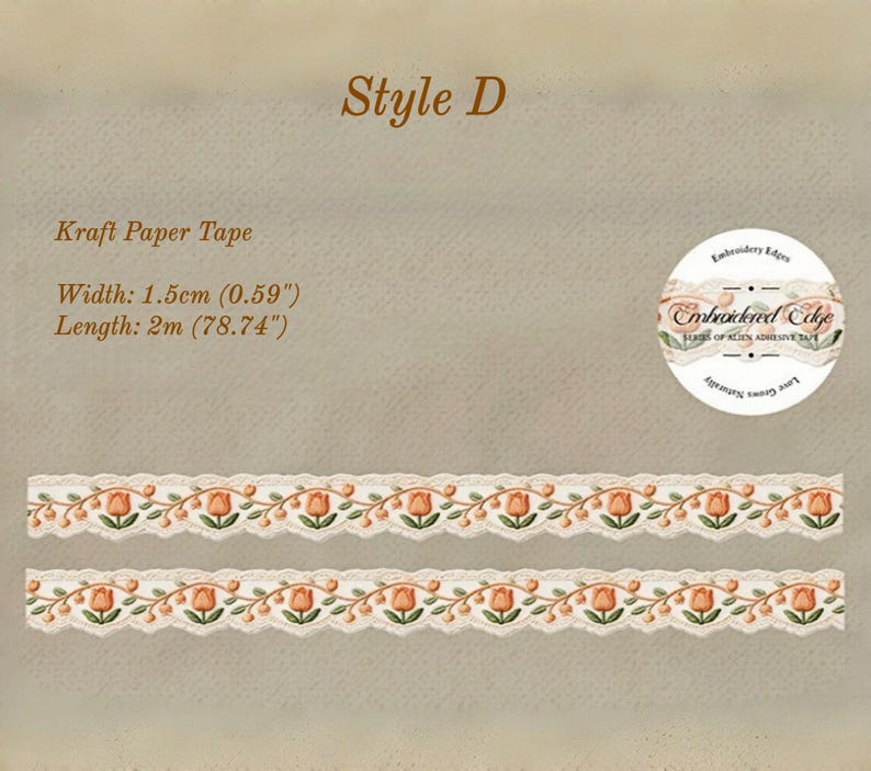 May include: Kraft paper tape with a floral design featuring orange tulips and green leaves. The tape is 0.59 inches wide and 78.74 inches long. The text "Style D" is visible, along with a circular logo.