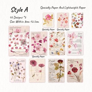 May include: A collection of ten designs of specialty and lightweight paper, each featuring pressed flowers and botanical elements. The size of each paper is within 3.15 inches to 4.92 inches. The text "Style A" and "Specialty Paper And Lightweight Paper" are visible.