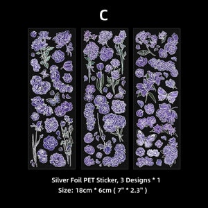 Mountain Flowers Silverfolie PET-remsor klistermärkesark set, glänsande genomskinliga klistermärken för scrapbooking skräpjournalplanerare blandade tekniker C